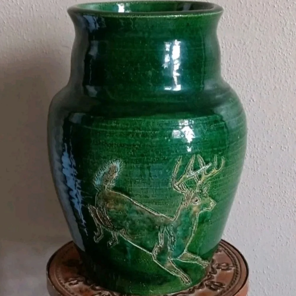 Handcrafted Green Stoneware Vase with Deer Design, Rustic Cottage Cabin Pottery